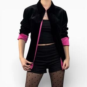 Black Corp Goth Velvet Pointed Collar Blazer With Hot Pink Lining Sz Medium